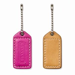 Coach Hangtag, 2- sided Pink w/white stitching/Tan & silver ball chain, 1.5”
